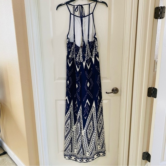 Japna New Size M Halter Style Maxi Dress Rayon Blue Cream Red Aztec Boho Print - Picture 6 of 10